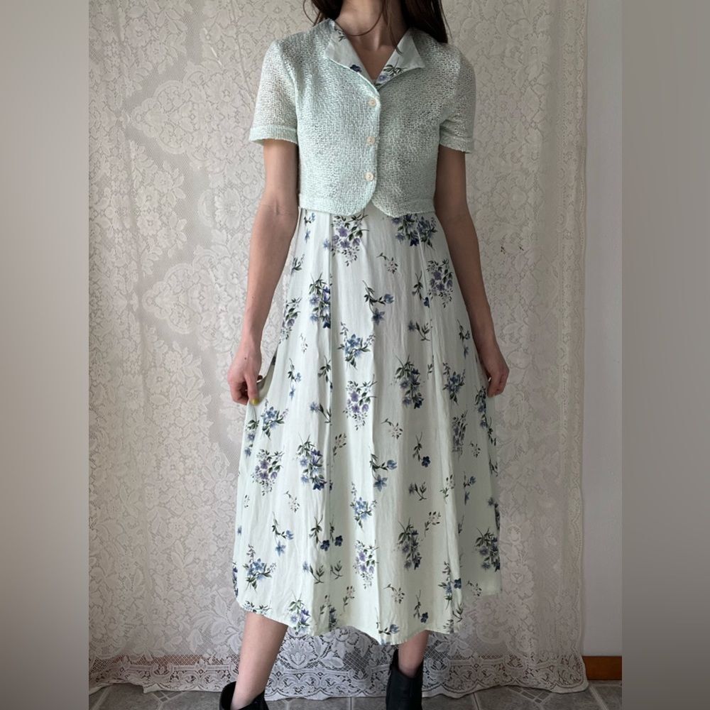 Y2K Maurice’s Mint Green Floral Dress & Sweater Set Cottagecore Garden Party - Picture 9 of 16